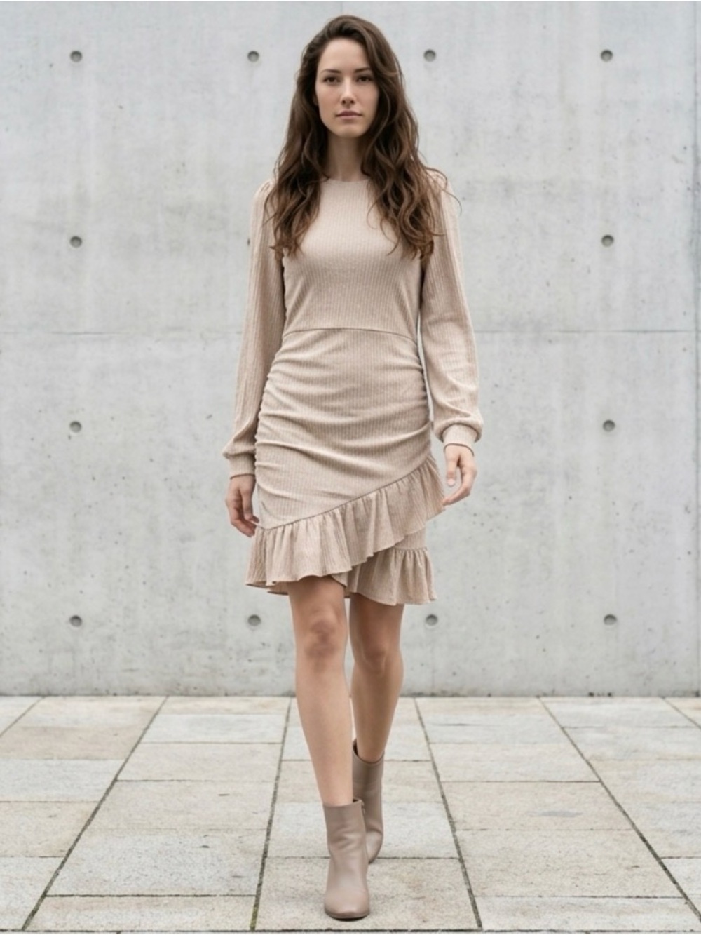 Cream Long-Sleeve Ruffle-Hem Dress